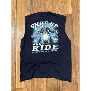 Y2K Liquid Blue Tank Top T Shirt XL Blue Double Sided Biker Skull Graphic 2000s